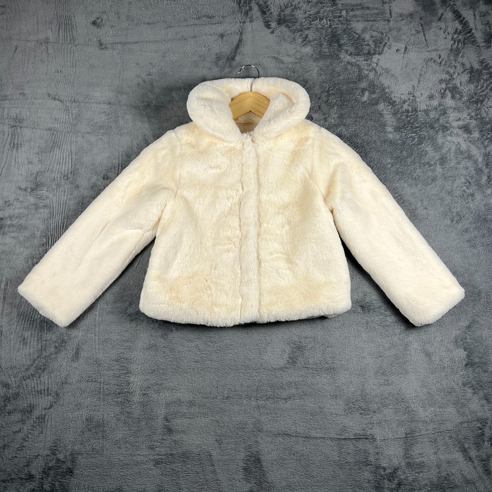 The Childrens Place Girls White Faux Fur Jacket Peter Pan Collar Small 5/6